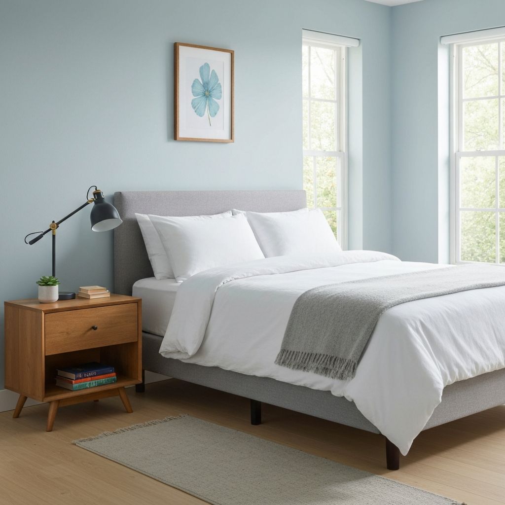 Clean bedroom with made bed