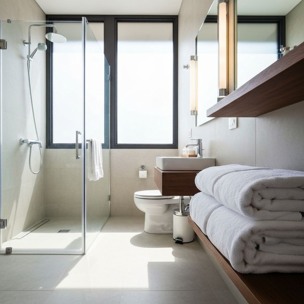 Spotless bathroom with fresh towels